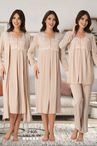 Pelin Milk Coffee Lace Maternity Nightwear & Pajama Set - Long Sleeve, Set of 4