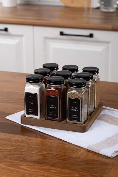Mienda Home 9'lu Ahşap Standlı Cam Baharatlık Seti Siyah Kapaklı Etiketli Bah...