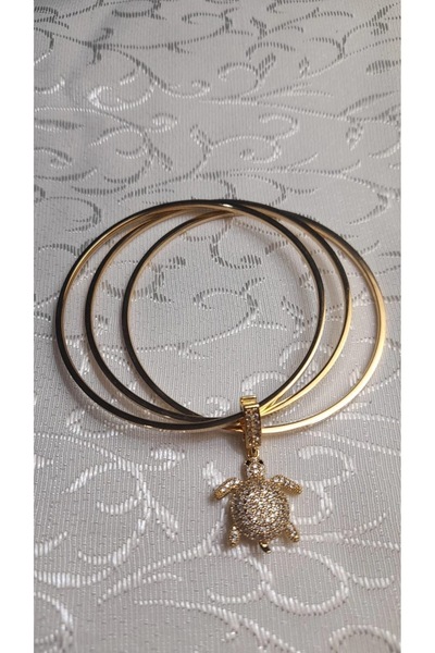 Uzel Taşlı Caretta Charmlı 3lü Gold Çelik Ajda Bilezik