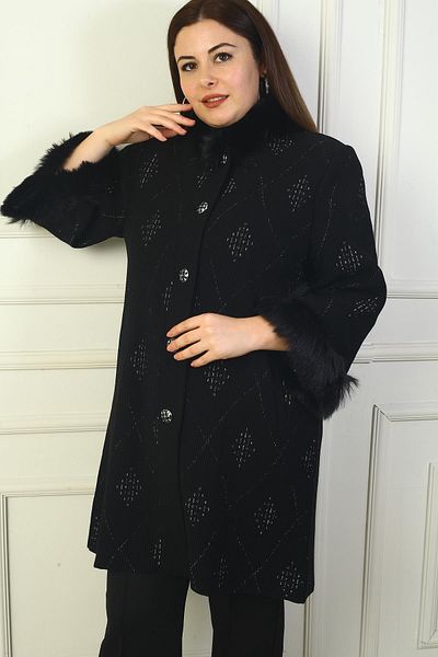 By Saygı Women's Lurex Diamond Pattern Large Size Cardigan with Shearling Neckline and Cufflinks and Buttoned Front Pockets