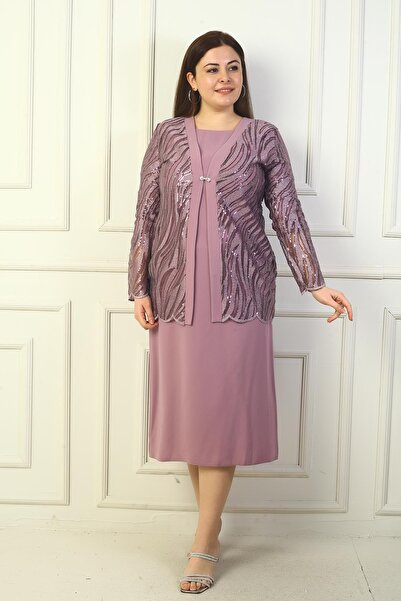 By Saygı Jachetă din tul brodat cu paiete și sclipici pentru femei, cu mânecă lungă, căptușită, rochie din crepon, mărime mare, set de 2 piese