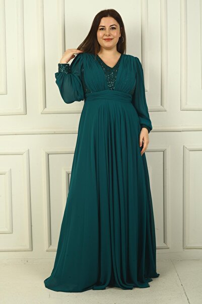 By Saygı فستان سهرة طويل من الشيفون للنساء من الأمام والخلف ورقبة على شكل حرف V مع بطانة من الترتر مقاس كبير