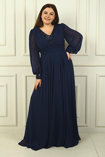 By Saygı فستان سهرة طويل من الشيفون للنساء من الأمام والخلف ورقبة على شكل حرف V مع بطانة من الترتر مقاس كبير