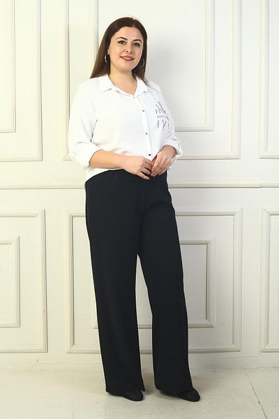 By Saygı Women's Elastic Waist Wide Leg Knitted Plus Size Trousers
