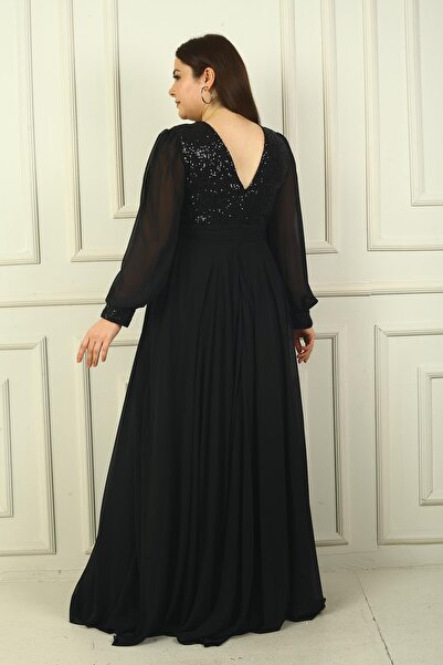 By Saygı Γυναικείο βραδινό φόρεμα με μακρύ σιφόν με φόδρα με παγιέτες μπροστά πίσω V λαιμόκοψη