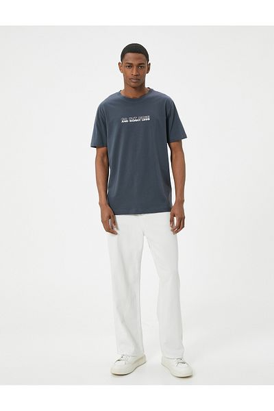 Koton Cotton Slim Fit T-Shirt - Slogan Printed, Short Sleeve, Crew Neck