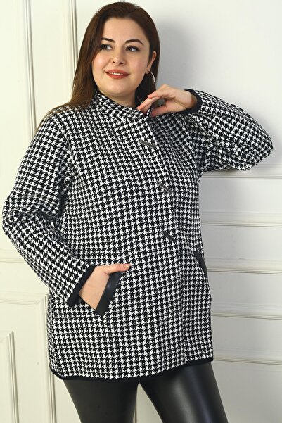 By Saygı Women's Front Snap Pockets Leather Detailed Houndstooth Large Size Acrylic Cardigan