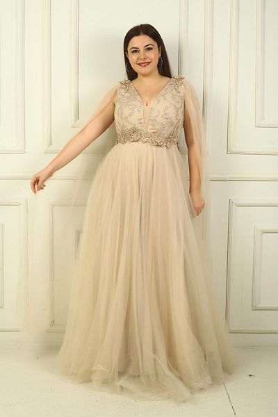 By Saygı Rochie de seară lungă din tul pentru femei, față, spate, cu decolteu în V, cu mărgele brodate