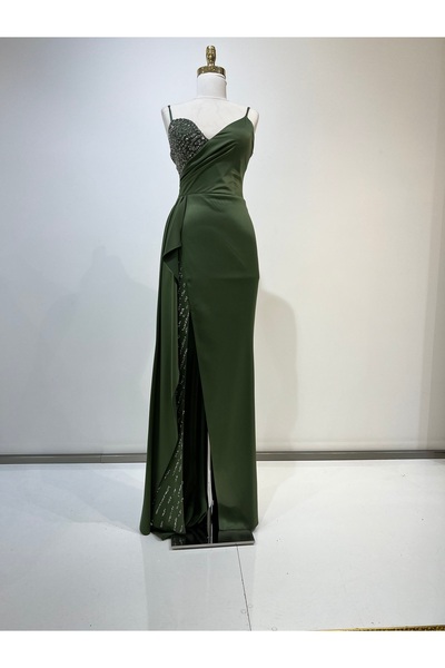 MODA YEŞİL RENKLİ V YAKA ASKILI SİMLİ TAŞLI ABİYE