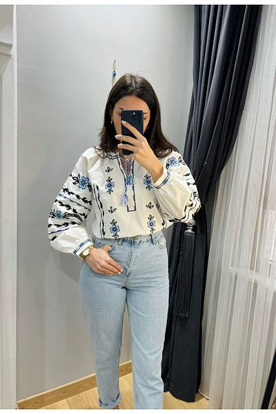 Ateilerdijle Balloon Sleeve Blue Flower Detailed Blouse