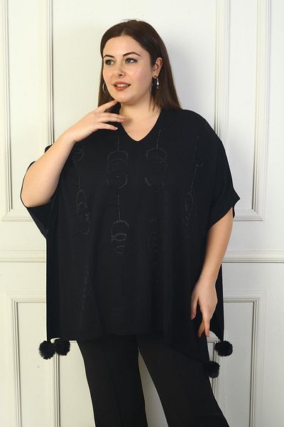 By Saygı Women's V-Neck Side Button Detail Front Round Pattern Stone Embroidered Pompom Plus Size Poncho