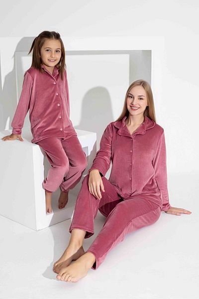 Tarık Women's Front Buttoned Long Sleeve French Velvet Fabric Mother-Daughter Combination Winter Warm Pajamas Set