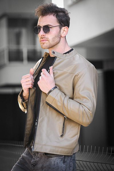 Oksit Ανδρικό δερμάτινο μπουφάν Tuci Demian Short Collar Fleece Inside Slim Fit