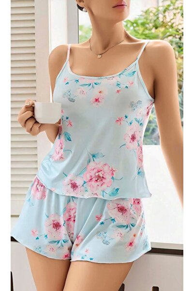 Butik - Set de cămașă de noapte cu panglică cu imprimeu floral albastru bebeluș cu pantaloni scurți suspendați