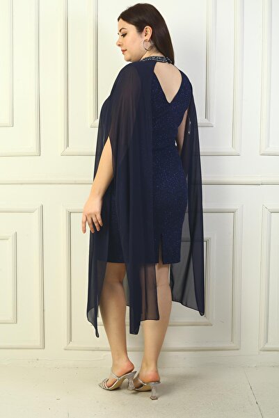 By Saygı Women's V-Neck Lining Top Chiffon Capes Plus Size Silvery Dress