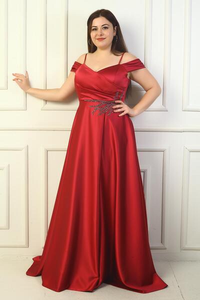 By Saygı Women's Front Back V Neck Rope Strap Low Sleeve Stone Embroidered Lining Plus Size Long Satin Evening Dress