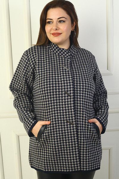 By Saygı Women's Front Snap Pockets Leather Detailed Houndstooth Large Size Acrylic Cardigan