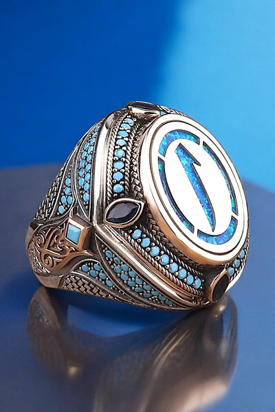 BY MAMEDOV Opal Taş Üzeri Lazer Kesim Elif Harfi işlemeli 925 Ayar Gümüş Erke...