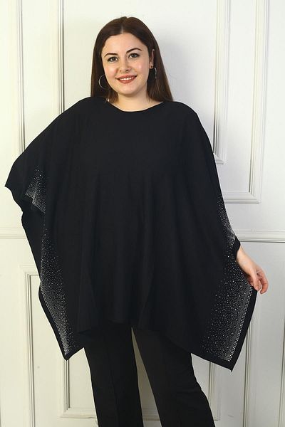 By Saygı Women's Plus Size Poncho with Stone Embroidered Sides