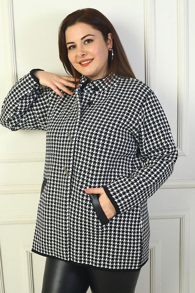 By Saygı Women's Front Snap Pockets Leather Detailed Houndstooth Large Size Acrylic Cardigan