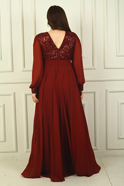 By Saygı Women's Long Chiffon Evening Dress with Front Back V-Neck Pleat Lined Plus Size