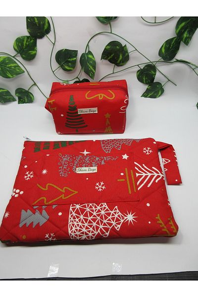 borandtm Red Tree Patterned Tablet Bag and Makeup Bag Set