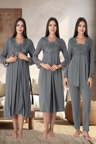 Pelin Women's Smoked Lace Long Sleeve Maternity Maternity Nightgown-Morning Dress, Pajama Suit Set of 4