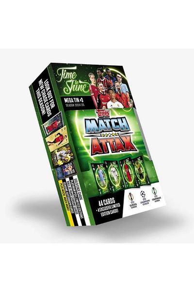 TOYFEST Topps Match Attax 24-25 Uefa Metal Boxed Footballer Cards Mega Tin Box - 48 Cards (Green Boxed)