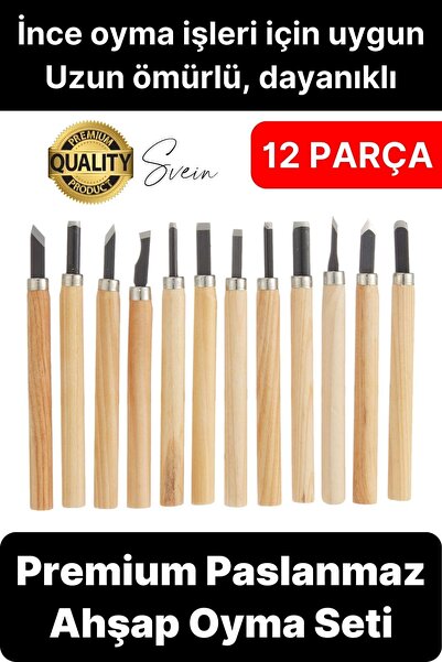 Svein Premium Paslanmaz Ahşap El Oyma Bıçak Seti 12 Parça Siyah Uç İskarpela ...
