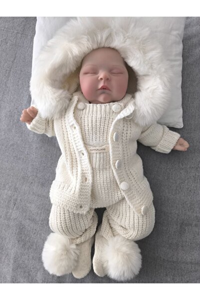 Nipperland Pompom Thessaloniki Knitted Fur Hooded Cardigan 3-Piece Unisex Salopet Set