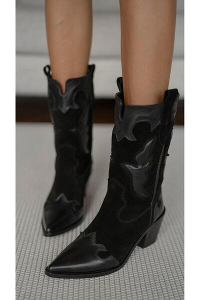 ECENİN BUTİĞİ Borna Siyah Süet   Hakiki Deri   Çizme