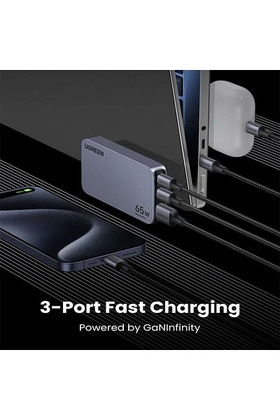 Ugreen Nexode Pro 3-Port GaN Ultra-Slim Fast Charger 65W - Space Gray