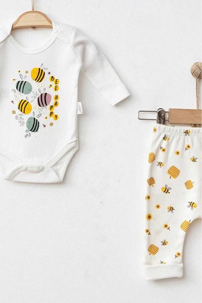 dinamik çocuk Bee Printed Corded Fabric Baby Girl's Set with Snap Fasteners, 100% Cotton, 2-Piece Bottom Top, 0-3-6-9 Months