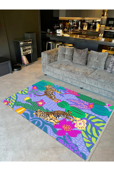 Rugs Modern Halı Aynur Koleksiyonu Çok Renkli Kaktüs ve İki Kaplan Detaylı Mo...