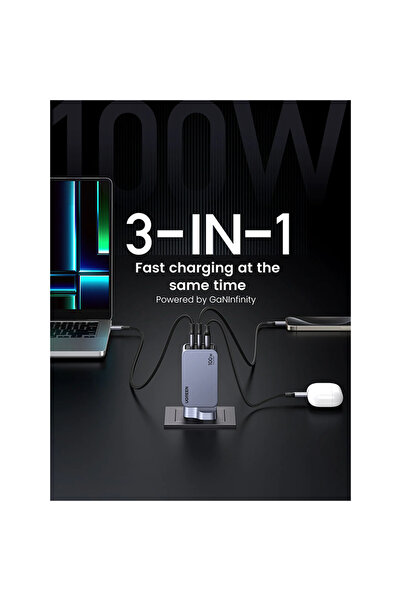 Ugreen شاحن حائط Nexode Pro بمنفذين USB-C ومنفذ USB بقوة 100 وات - رمادي