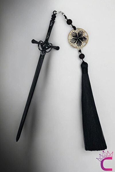 Cinderella Sallantılı Siyah Püsküllü Kılıç Tasarım Metal Saç Topuz Tokası 20cm - Boho Gotik Çubuk Topuz Toka