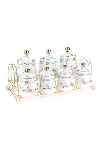 By Hanedan Floral Patterned Spice Set with Metal Stand - Porcelain