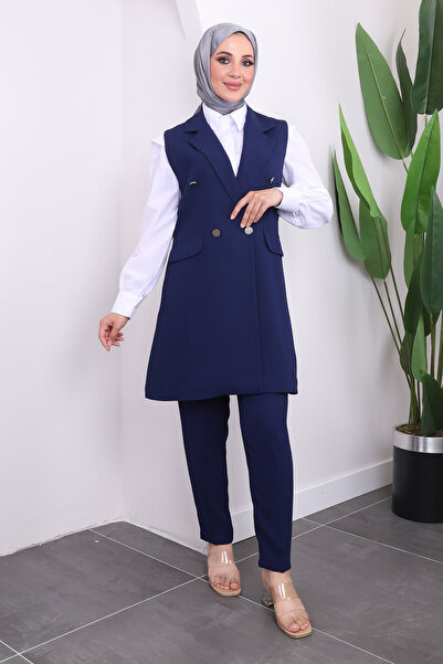 İmajButik Круазе комір Синій жилет і брюки комплект