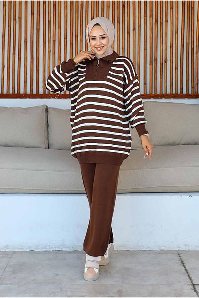 İmajButik Braunes, gestreiftes Strickset mit Kragen und Reißverschluss