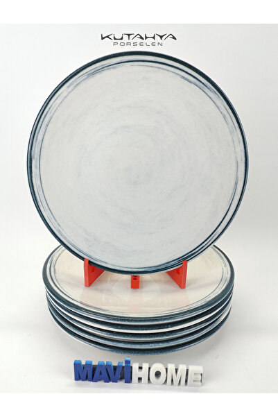 Kütahya Porselen Kenarları Lacivert Desenli 25 Cm Kalın Porselen Servis Tabağı 6 Lı