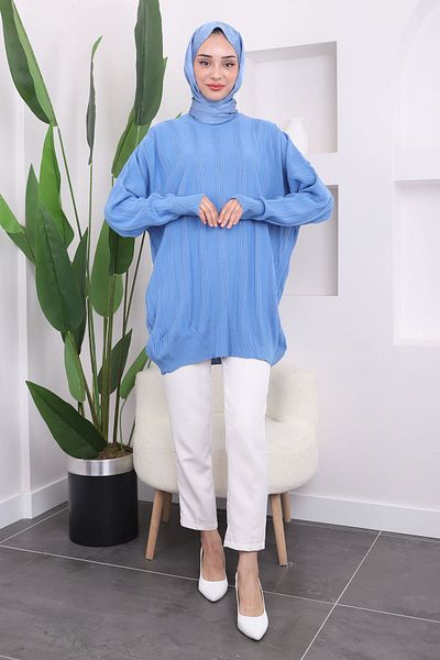 İmajButik Indigo Crew Neck Mercerized Casual Knitwear Tunic