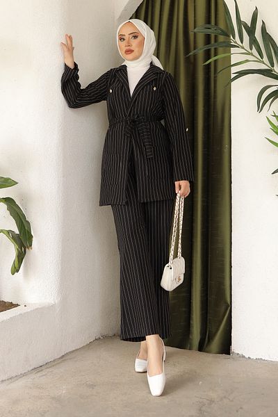 İmajButik Black Pocket Detailed Striped Jacket Trousers Double Set
