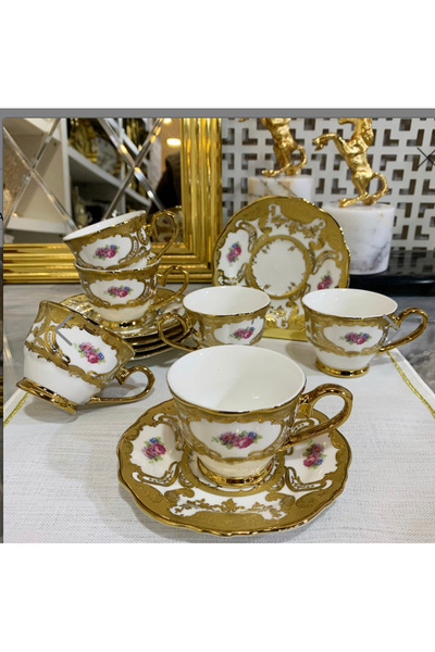 Kosova MUBA CONSEPT ÇiÇek Desen 6 Kişilik Gold  Kahve Fincan Takımı 90 CC