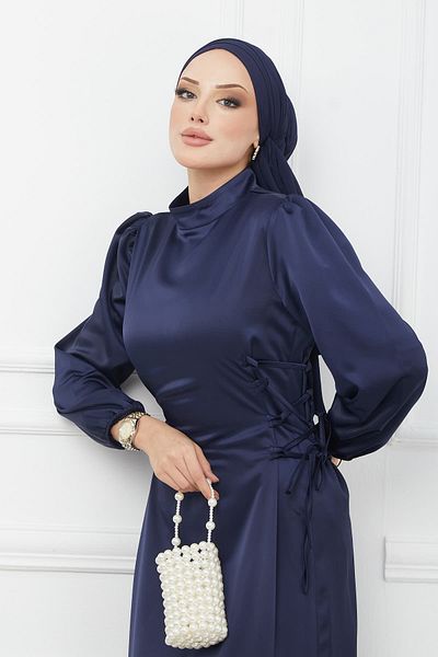 İmajButik Βραδινό φόρεμα σατέν με μπλε ναυτικό πλαϊνό λεπτομέρεια