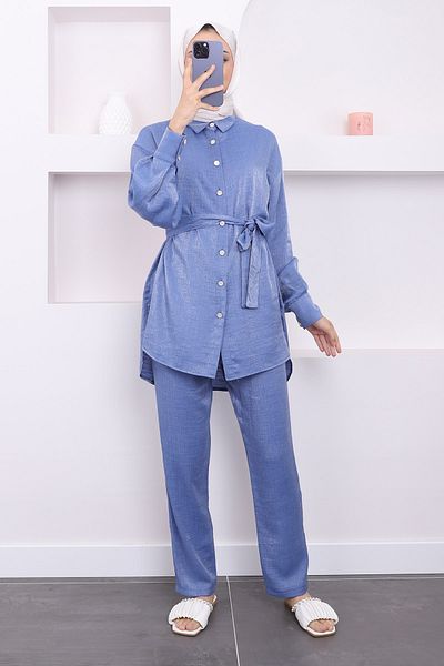 İmajButik Σετ σατέν παντελόνι με κουμπιά Indigo