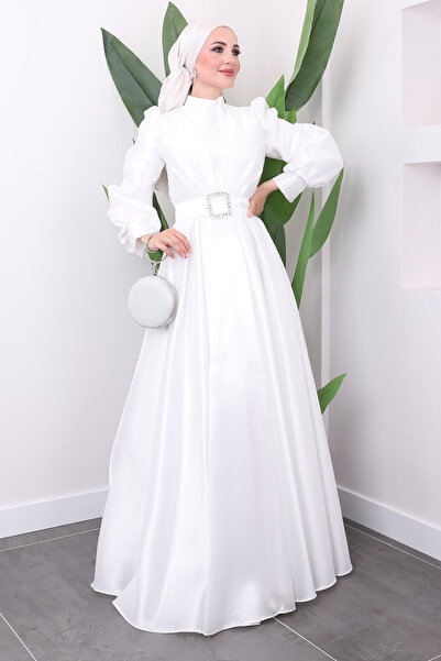 İmajButik Βραδινό φόρεμα με μανίκια μπαλόνι και λευκό ντραπέ