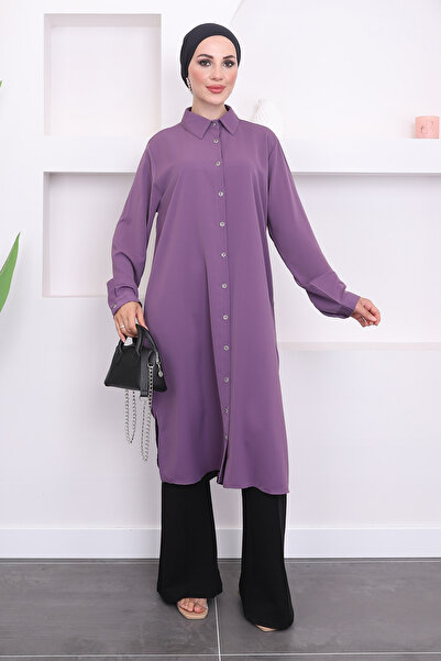 İmajButik تونيك أرجواني مقاس كبير - مزين بأزرار وفتحة