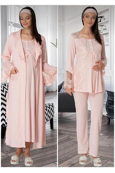EM&FA TEKSTİL Maternity Dressing Gown Nightgown Pajamas Set