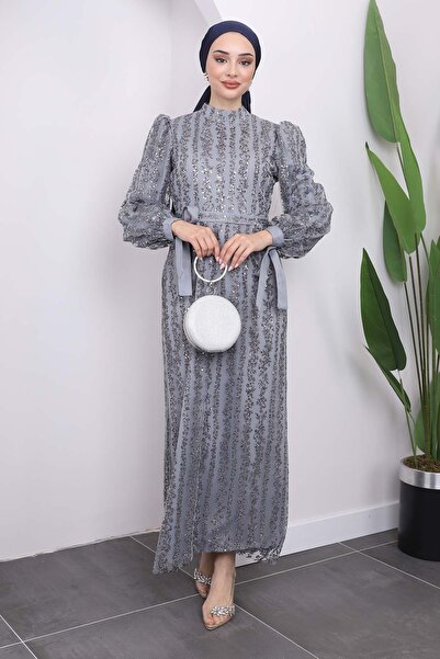 İmajButik Rochie de seara cu sclipici gri - cu detaliu maneci