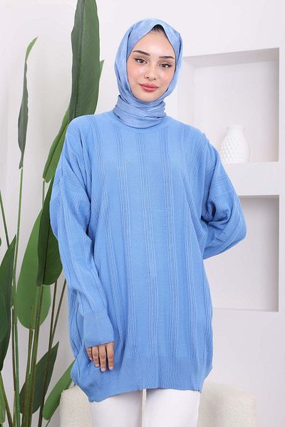 İmajButik Indigo Crew Neck Mercerized Casual Knitwear Tunic